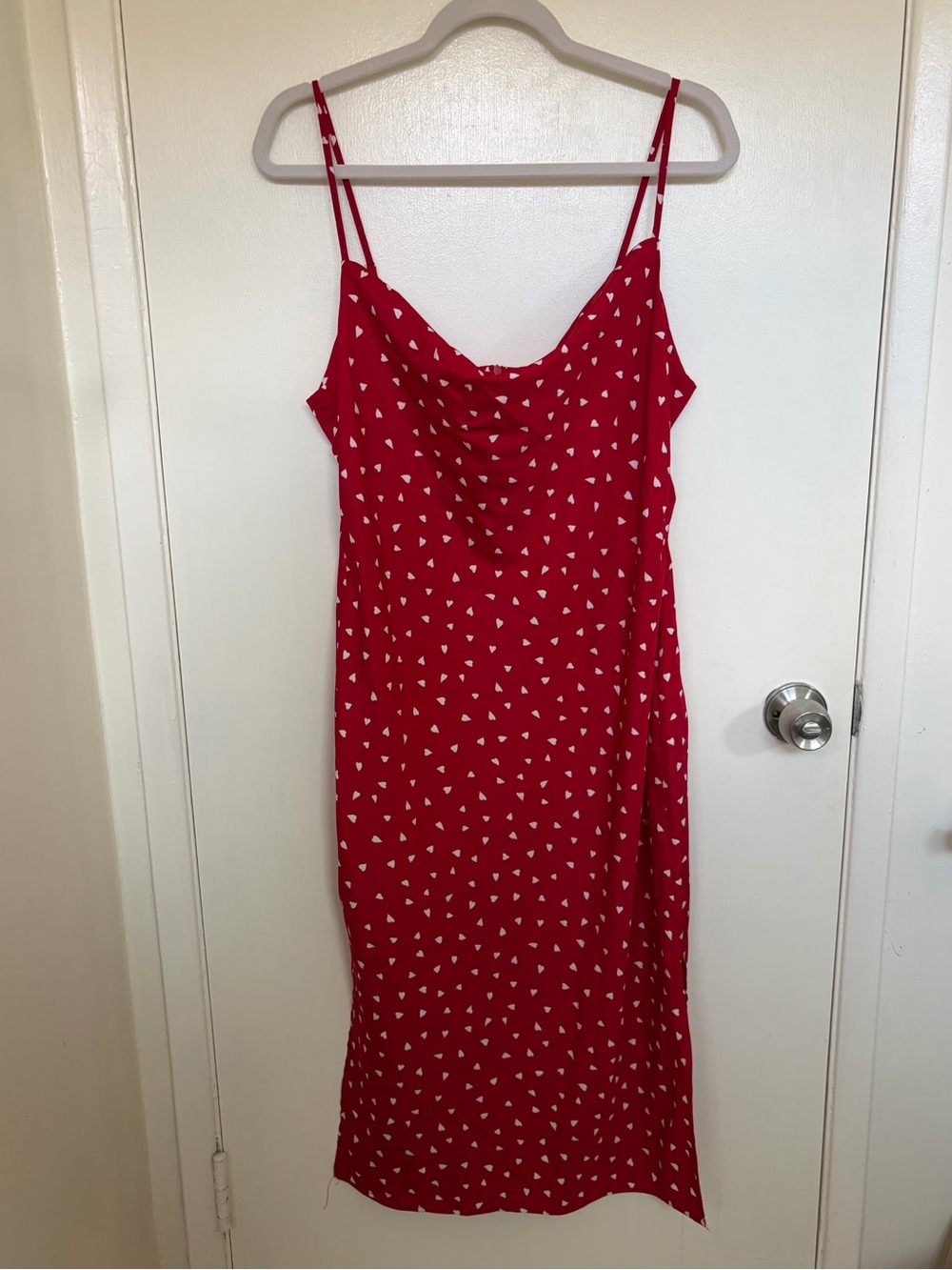 Nasty Gal Red Cowl Slip Dress with White Heart Print
